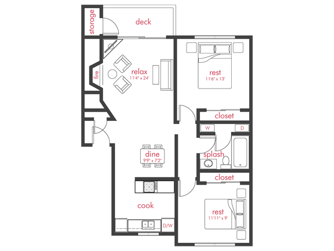 2 Bed, 1 Bath B EE-EE204 floor plan